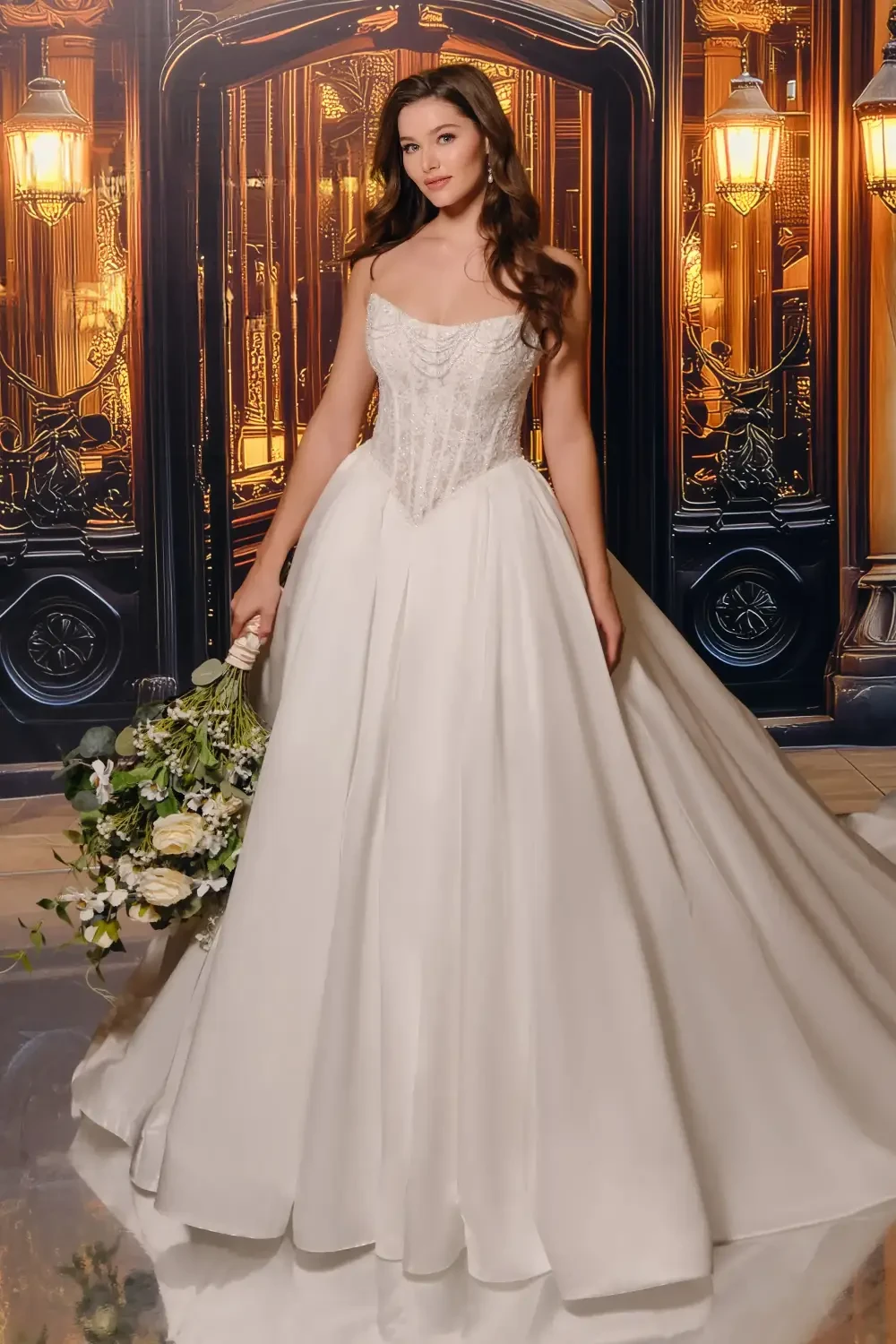 A woman in a white wedding dress holding a bouquet, standing in an elegant setting with ornate decor and warm lighting.